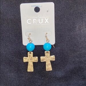 CRUX Western Gold & Turquoise Cross Dangle Earrings NWT